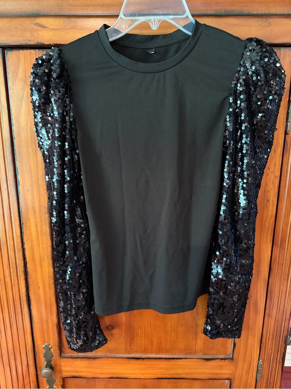 Black Sequin Sleeve Women's Top